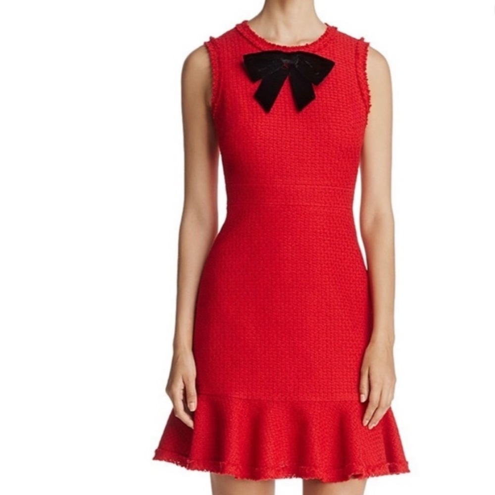 Kate Spade New York Red with Black Bow Fit and Flare Ruffle Tweed Dress sz 6